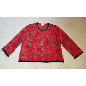 Womens Top-VERY VINEYARD-red/grey floral Batik button-up BOHO Artsy 3/4 slv-L